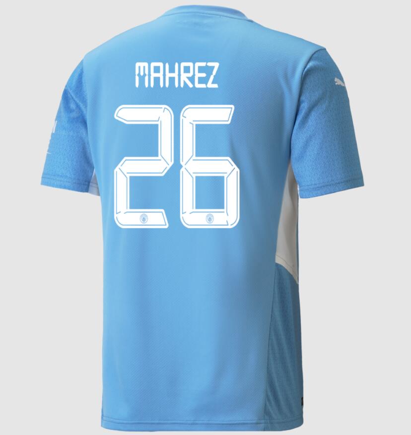 2021/22 Manchester City Home Kit Soccer Jersey with Riyad Mahrez 26 UCL printing